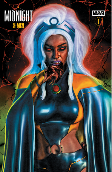 Comic book cover for Marvel's Midnight X-Men #1, featuring a stylized illustration of a woman with long white hair, glowing red eyes, and a dark bodysuit with blue and yellow accents against a cracked black and red background.